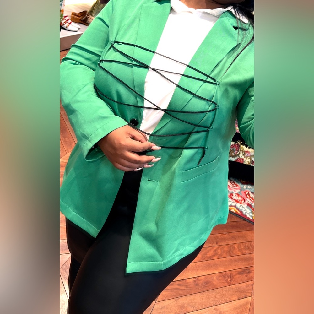 SHEIN Bright Green Women’s Blazer with Decorative Black Cord Detail